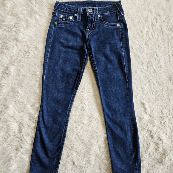 True Religion Women's Blue Supper Skinny Bejeweled Rhinestone Pocket Jeans 24 - Picture 1 of 10